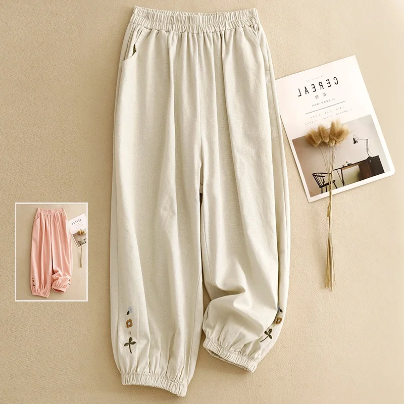 

Ретро хлопковые льняные брюки-фонарики с вышивкой и манжетами Харлан с высокой талией, повседневные тонкие брюки с девятью точками, женская одежда больших размеров