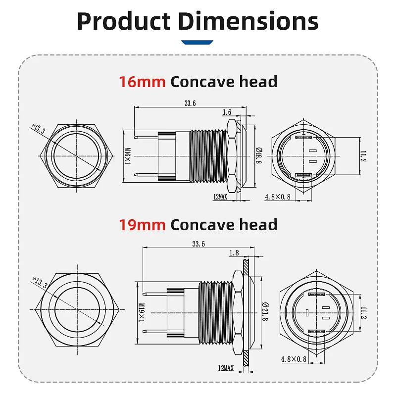 16/19mm Latching/Momentary Push Button Switch 10A250VAC Pushbutton Switch Metal Shell, Waterproof Self-Locking Pushbutton Switch