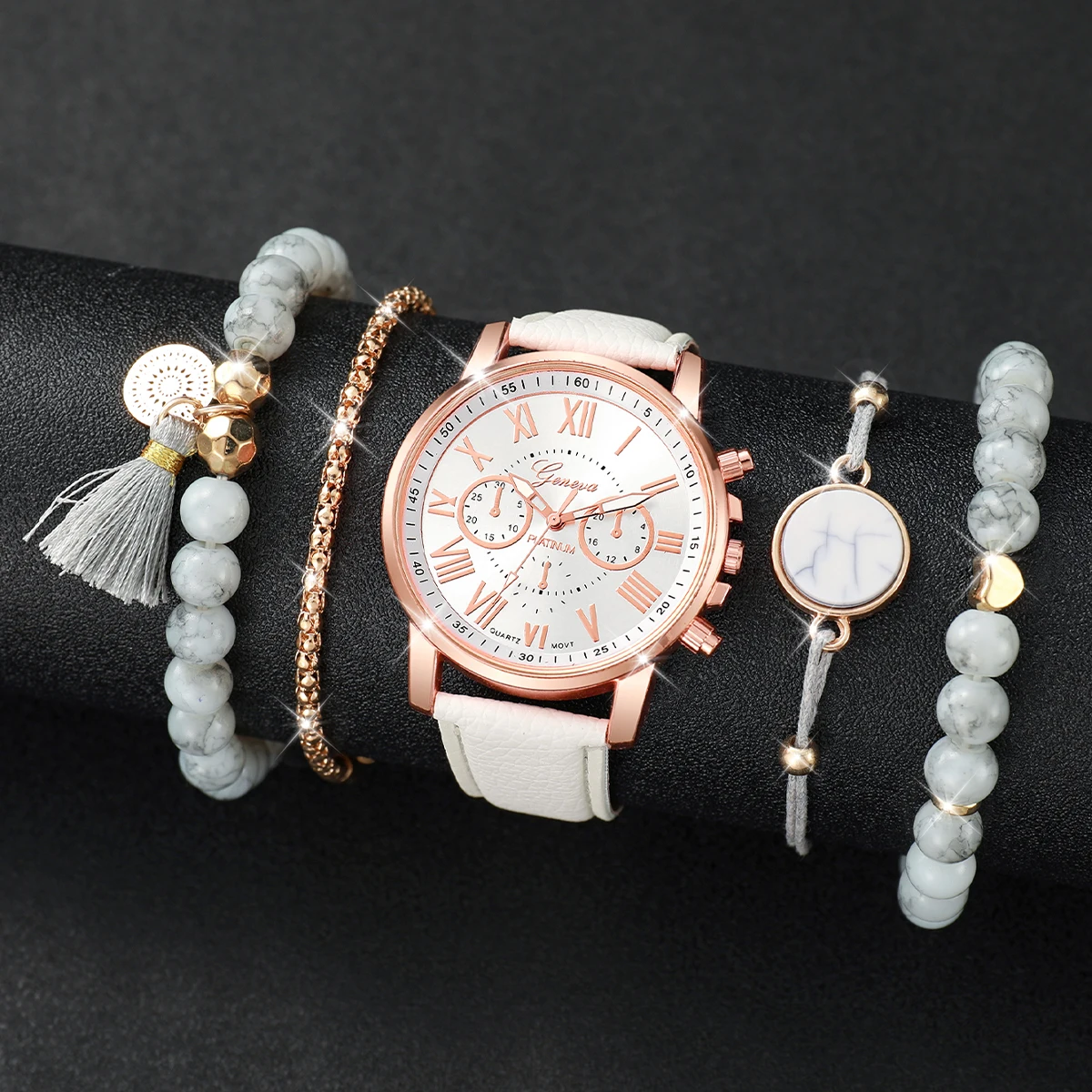 5PCS/Set Women Watches White Turquoise Beads Bracelets Set Fashion Geneva Watch Leather Band Quartz Wristwatch ( Without Box )