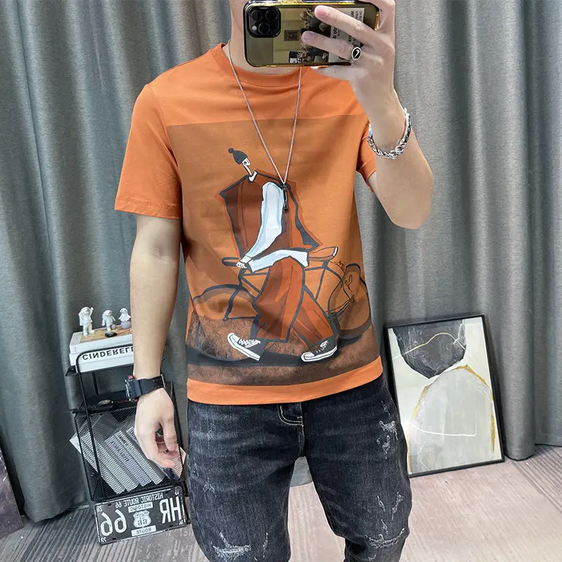 Fashion O-Neck All-match Cartoon Printed T-Shirts Men\'s Clothing 2024 Summer New Loose Korean Short Sleeve Tops Casual Tee Shirt