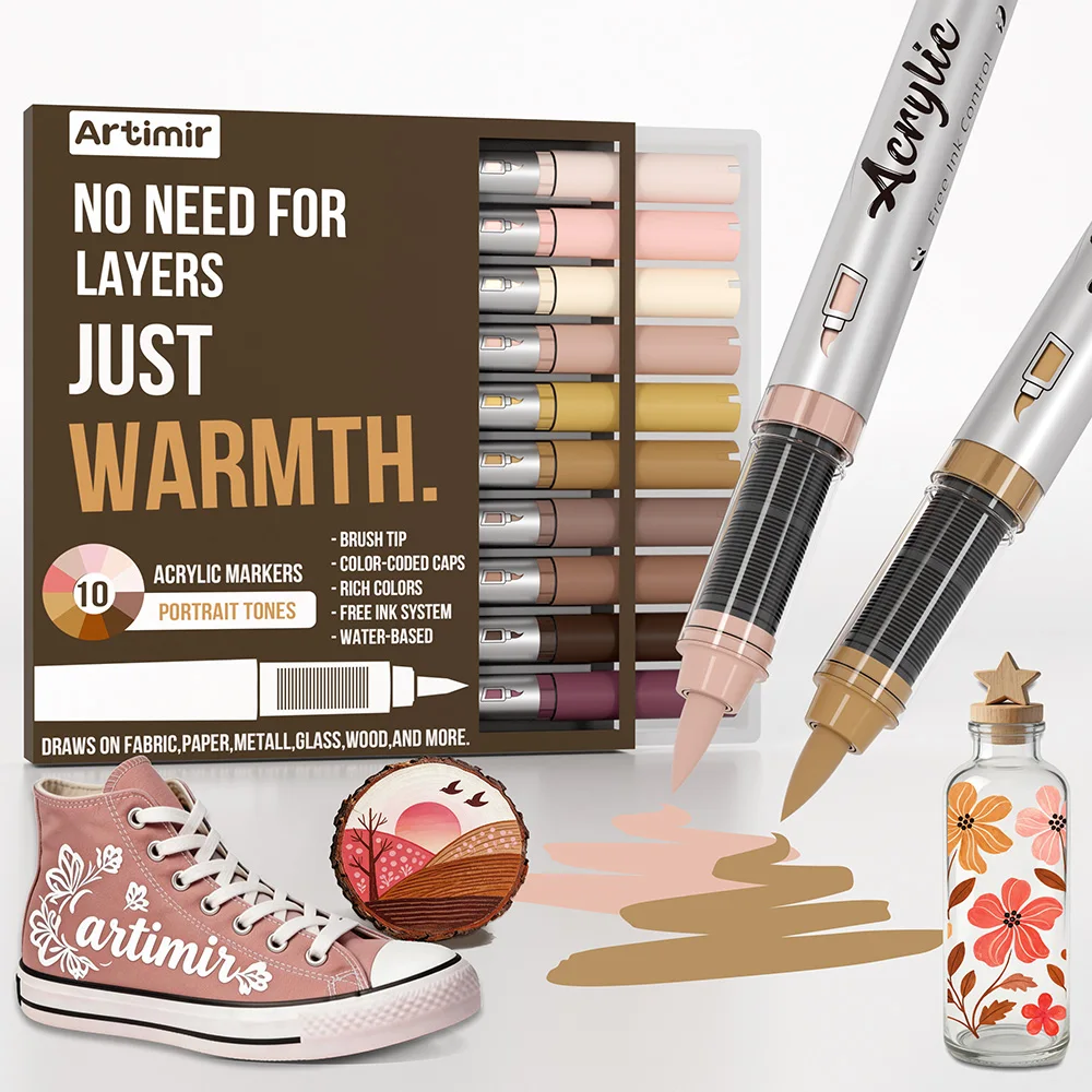 Pro Color Series Acrylic Paint Markers Set, 10 Colors Brush Tip for Glass Ceramic Canvas Stone DIY Crafts Art Supplies
