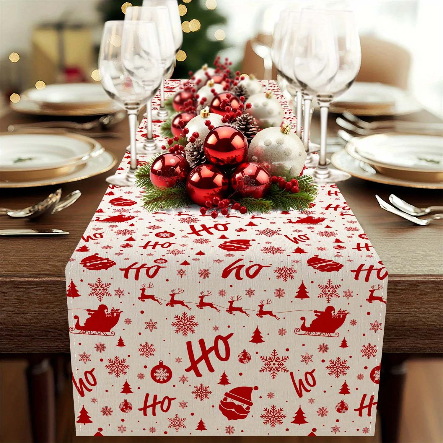 Festlicher Weihnachtsmann, Rentier, Weihnachtskugel, Schneeflocke, Tischläufer, Urlaubsdekoration für Küche, Esstisch und Zuhause, Feiern