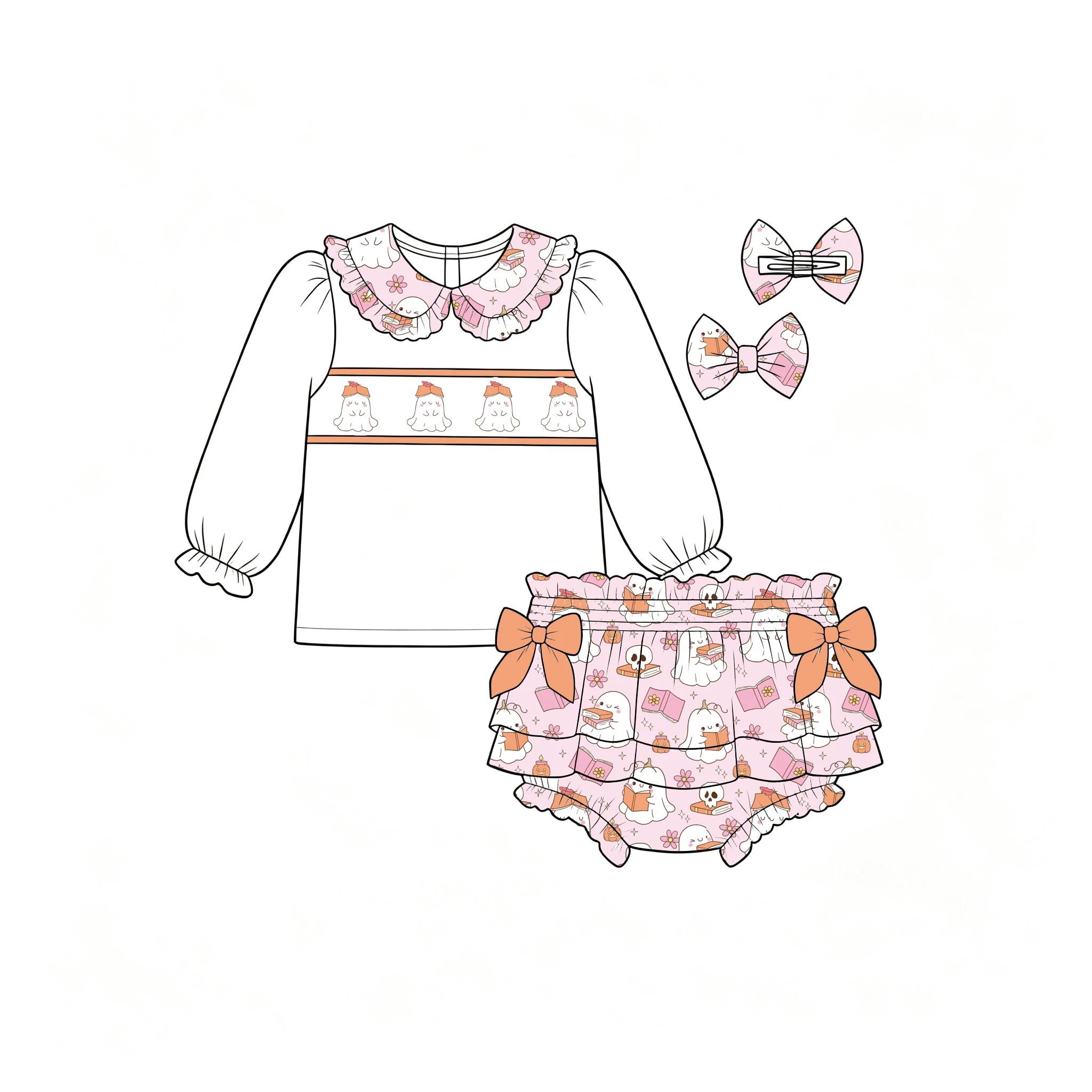 New Halloween-themed White Long-sleeved Collared Top Paired with Printed Double-layered Ruffle Shorts Girls Boutique Set