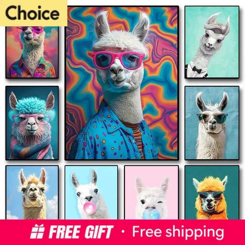 

2026 Funny Colorful Llama Animal Diamond Painting Alpaca Prints Nursery Nordic Wall Art Poster Kids Pictures Living Room Home