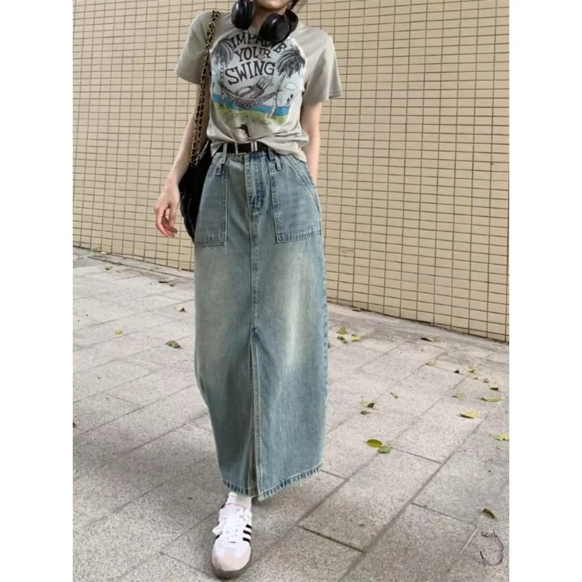 

High Waist A-Line Midi Skirt for plus Size Women Summer New Sle Denim Split Casual Comfortable No-Pinch Du down Filled