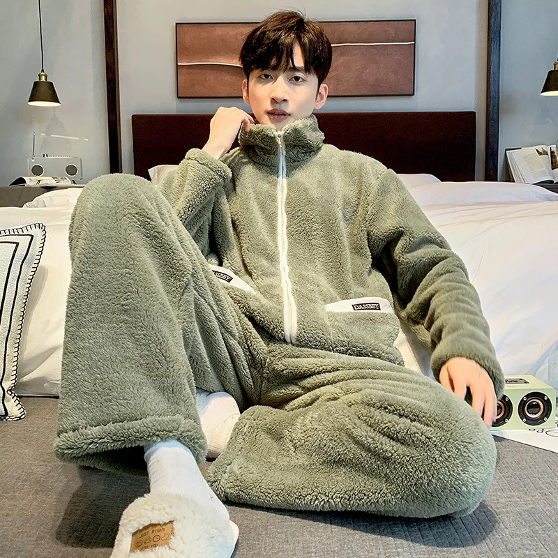 

Winter Zipper Turtleneck Loungewear Men Flannel Pajamas Korean Youth Cartoon Coral Fleece Warm Homesuit Long Sleeves Trousers