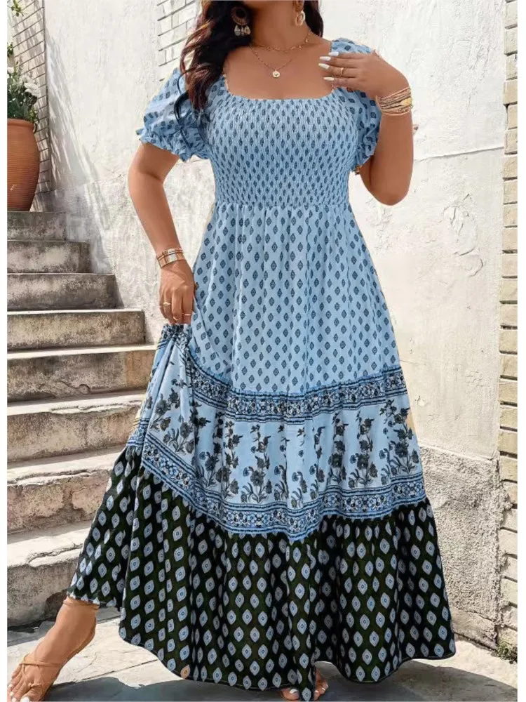 

New Plus Size Bohemian Print Short Sleeve Maxi Dress Summer Elegant Holiday Party Dress Women's Clothing Beach Dresses