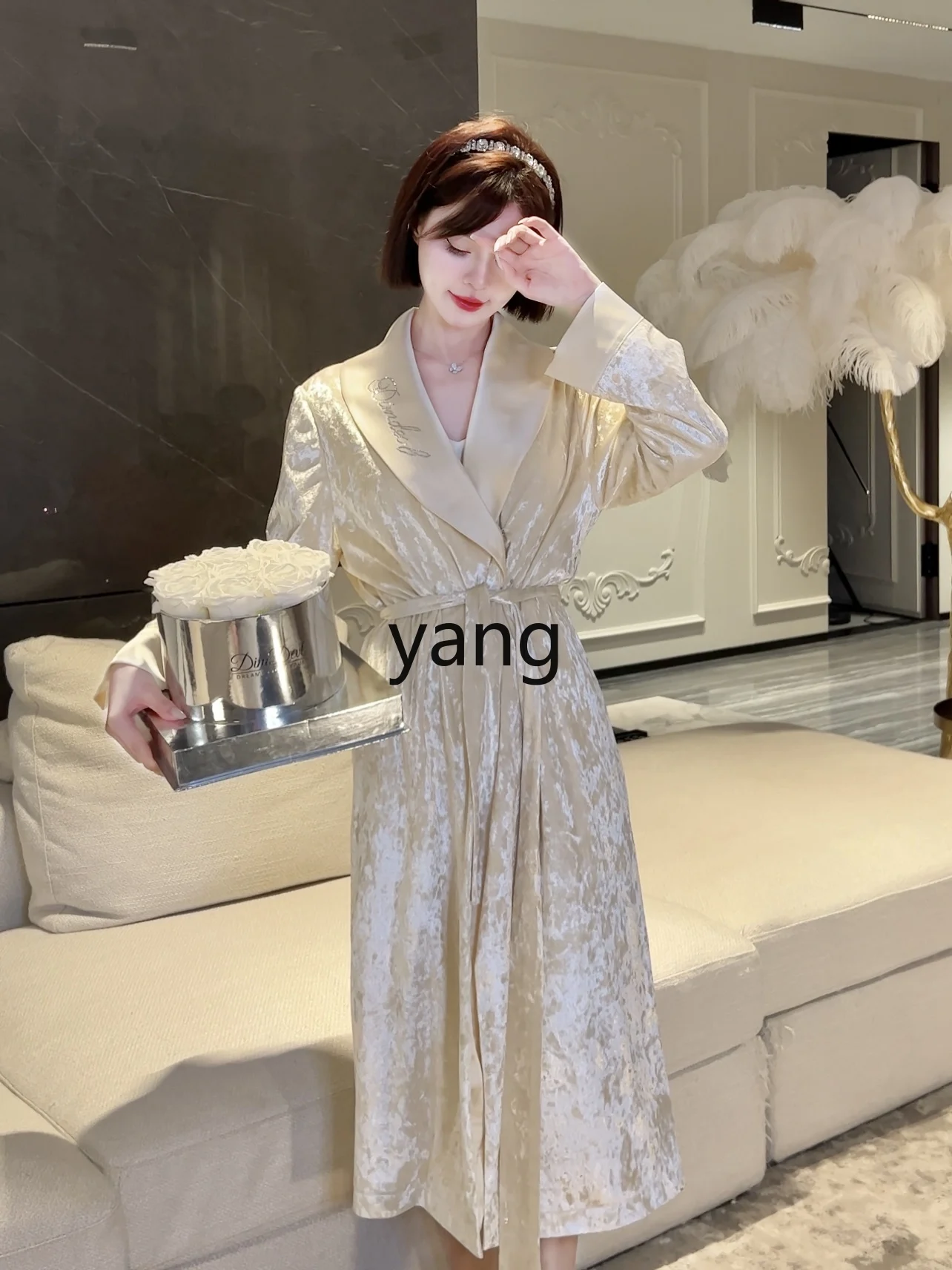 LMM light luxury lapel satin velvet splicing nightgown medium and long high-end spring and autumn pajamas women's models