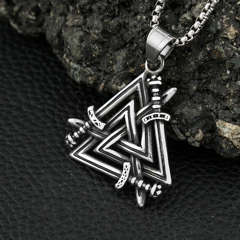 New Vintage Vikings Odin Triangle Pendant Necklace Mens Stainless Steel Fashion Sword Valknut Necklaces Nordic Jewelry Wholesale