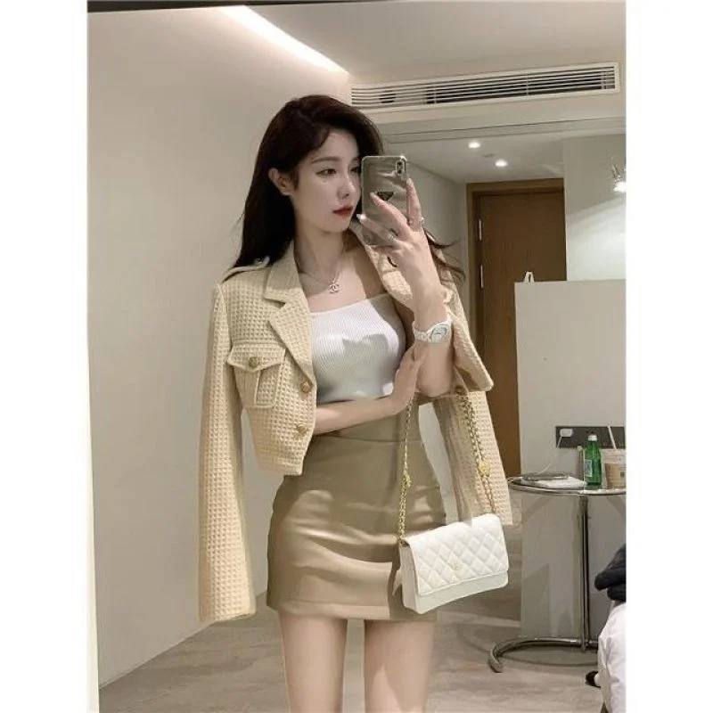 Spring Autumn Korean Khaki Short Suit Coat Hip Wrap Mini Half Skirt Two Piece Set Falls New Women Jakcet Slim Skirts Outfits