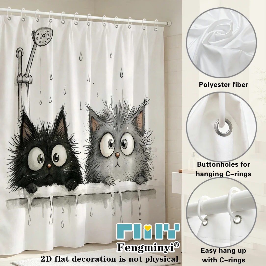 Wet Fluffy Cats Shower Curtain, Two Surprised Kittens in Bathtub, Sketch Water Drop Art, Waterproof Bathroom Home Decor Curtain