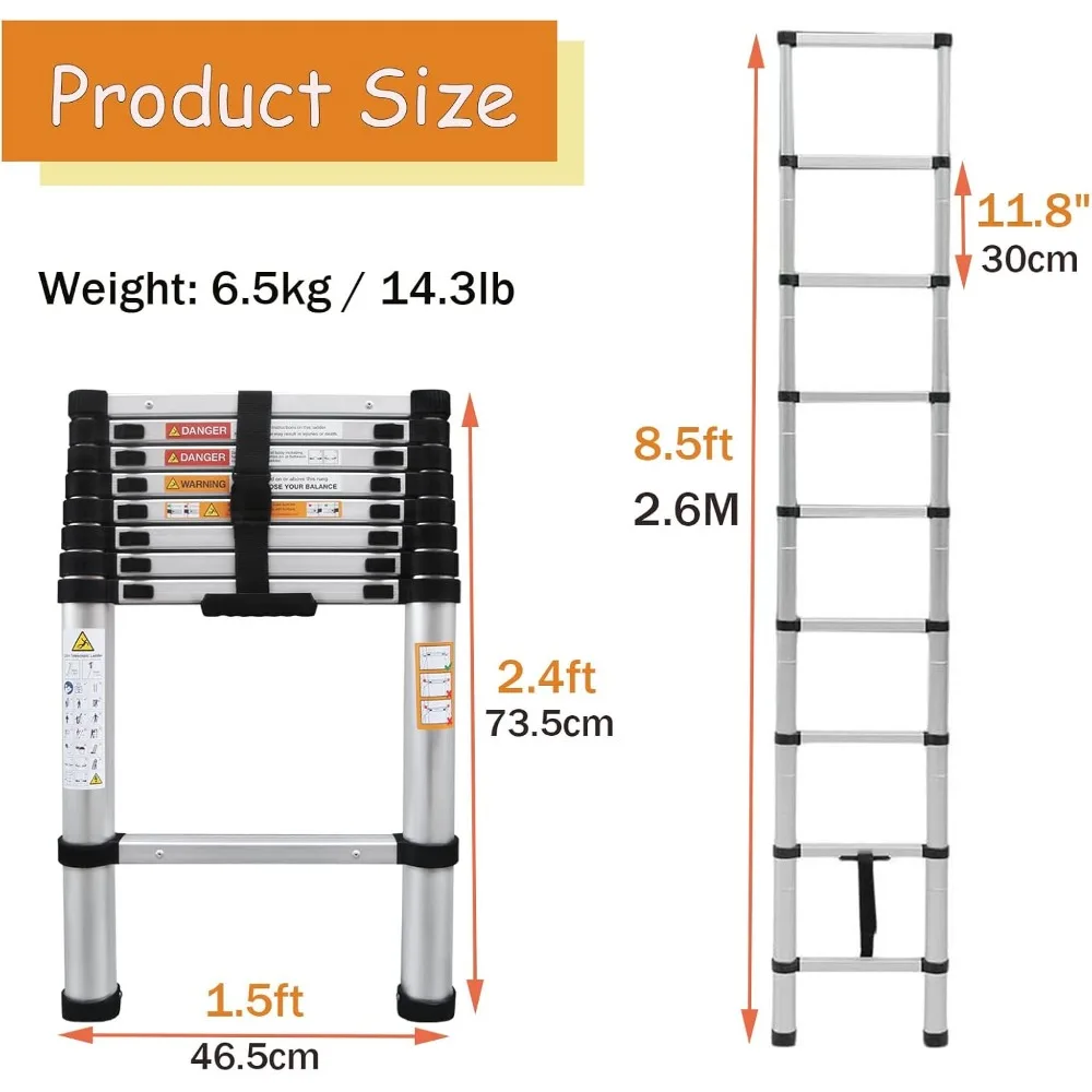 سلم تمديد ألومنيوم عالي التحمل بطول 8.5 قدم بسعة 330 رطل، معتمد من EN131، سلم تصغير محمول متعدد الأغراض لـ