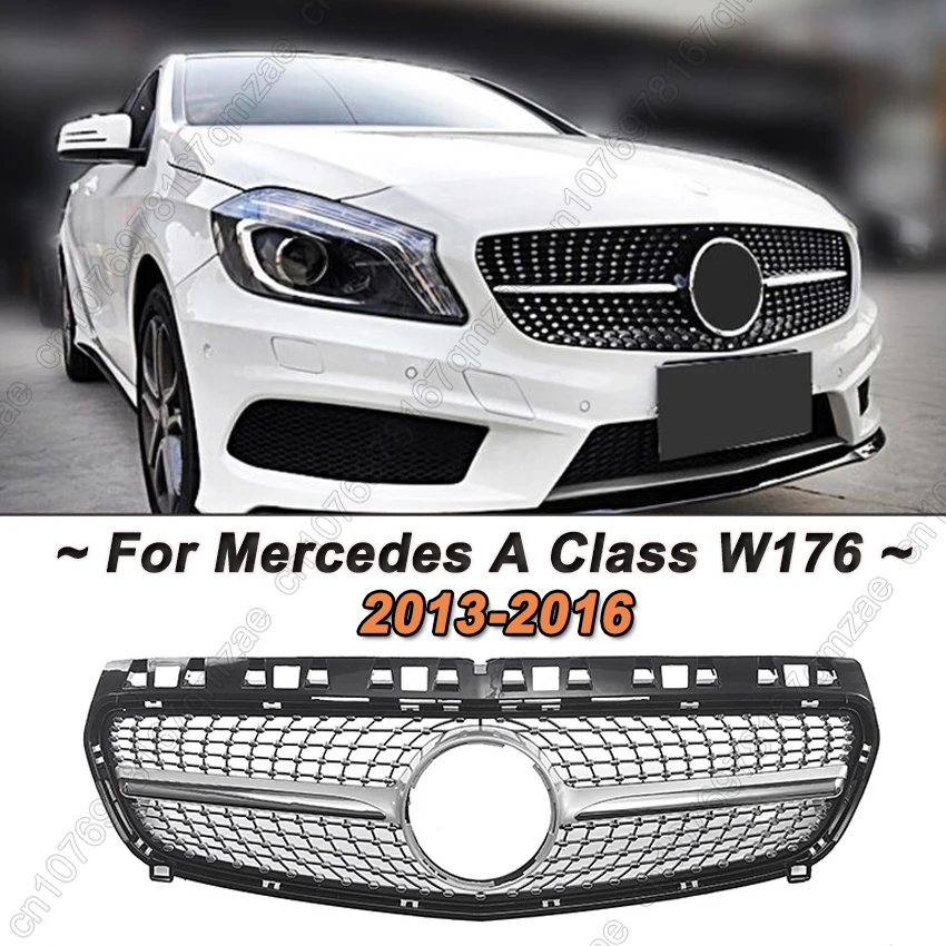 

Front Bumper Grille For Mercedes Benz A Class W176 A180 A200 A45 2013-2016 Diamond Silver Trim Style Grille Tuning Body Kits