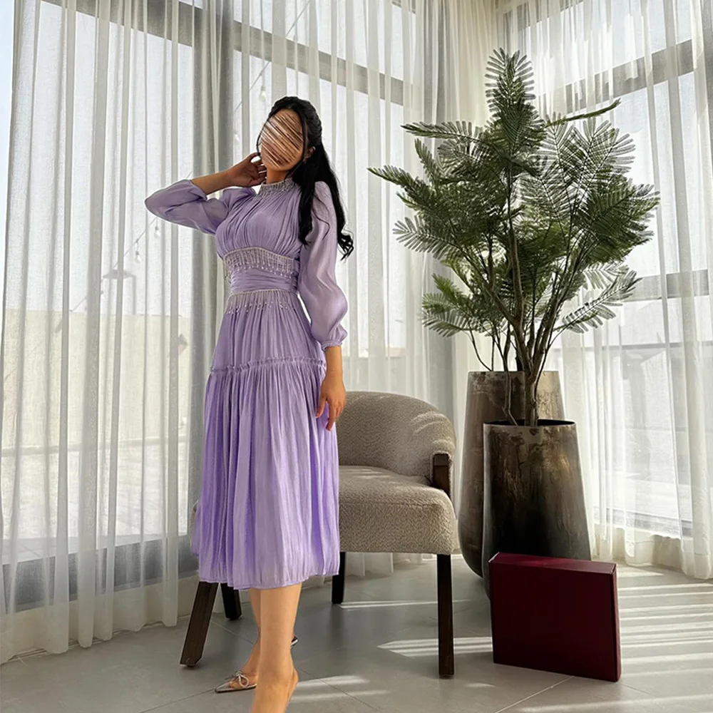 Temperament A-Line Knee Length High Collar Jersey Long Sleeves Pleats Evening Dress Modern Photo Color فساتين سهره نسائيه فخمة