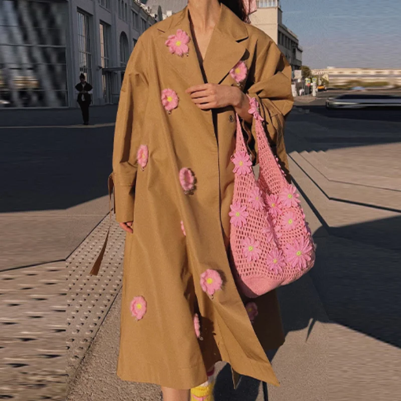 

Fashion Design 3D Flowers Trench Coat With Belt Women's Loose Lapel Long Sleeves Oversize Top 2025 Lady Autumn Casual Outerwears