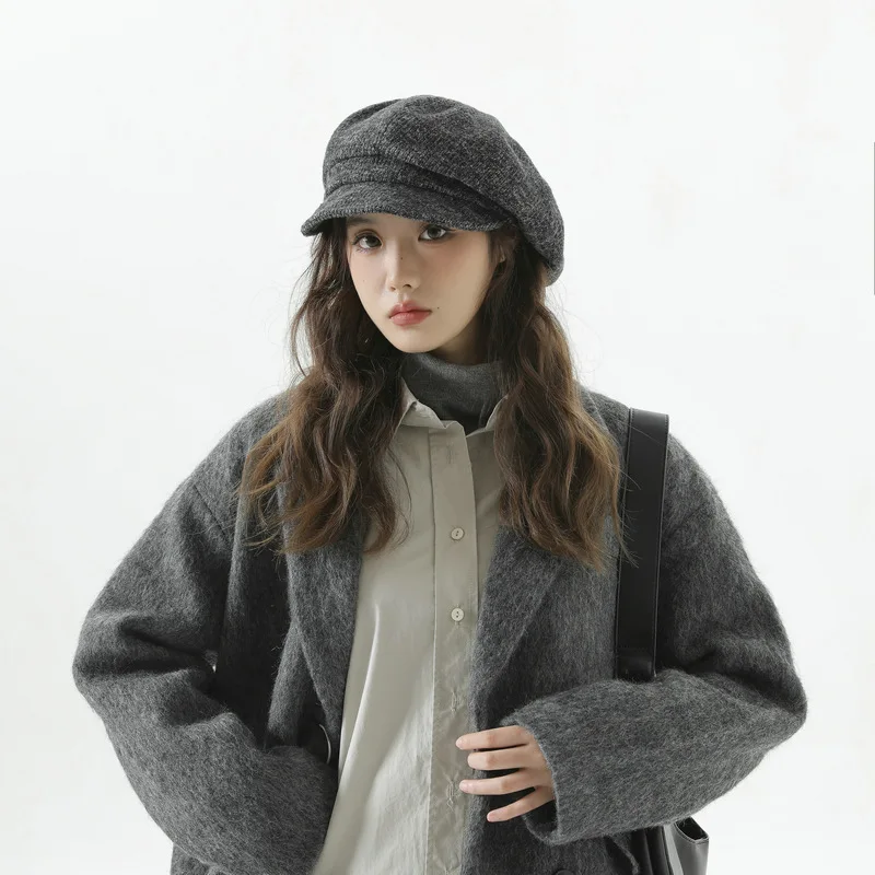 

Knitted Octagonal Hat Pure Color Autumn and Winter British Retro Style Painter Hat Lady