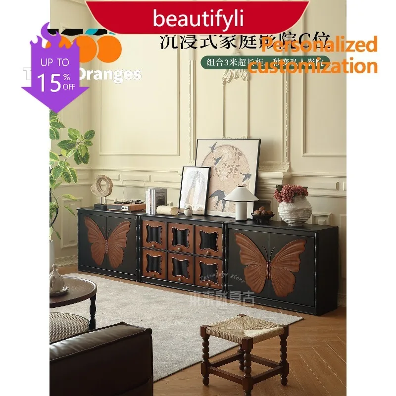 9344 French retro black solid wood dining side cabinet against the wall floor low cabinet living room storage side cabinet