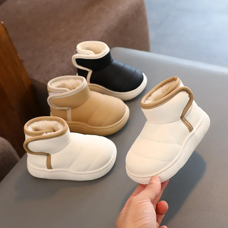 

Children Short Boots Hook & Loop Kids Casual Leather Boots Non-slip Boys Girls Thick Warm Plush Fur Boots Simple 2025 Winter New