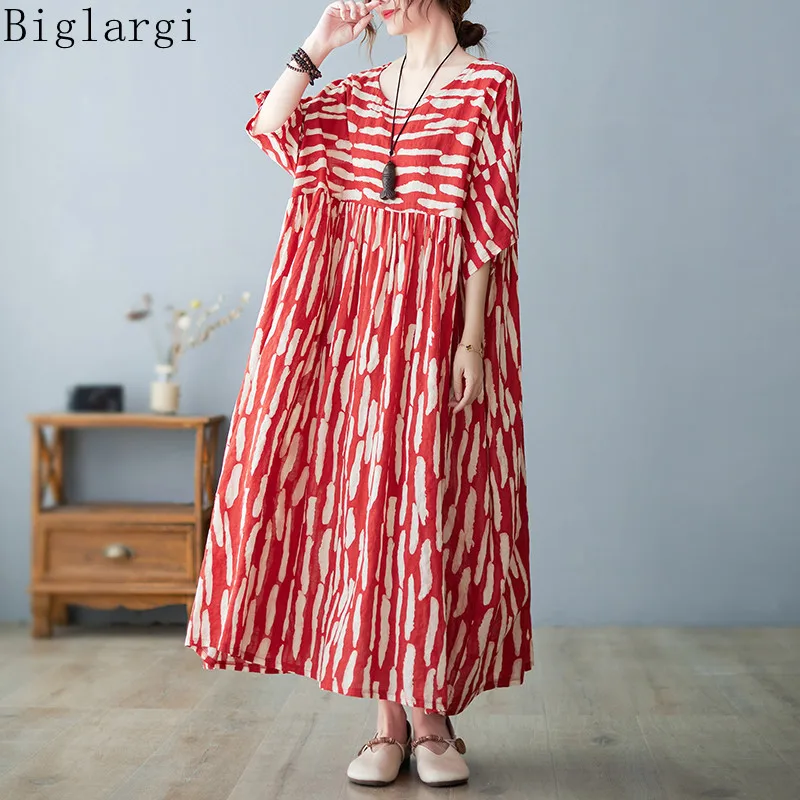 Oversized Print Striped Dress Summer Cotton Women Loose Casual Dresses Ladies Korea Femme Big Size Verano Mujer Woman Dress 2022