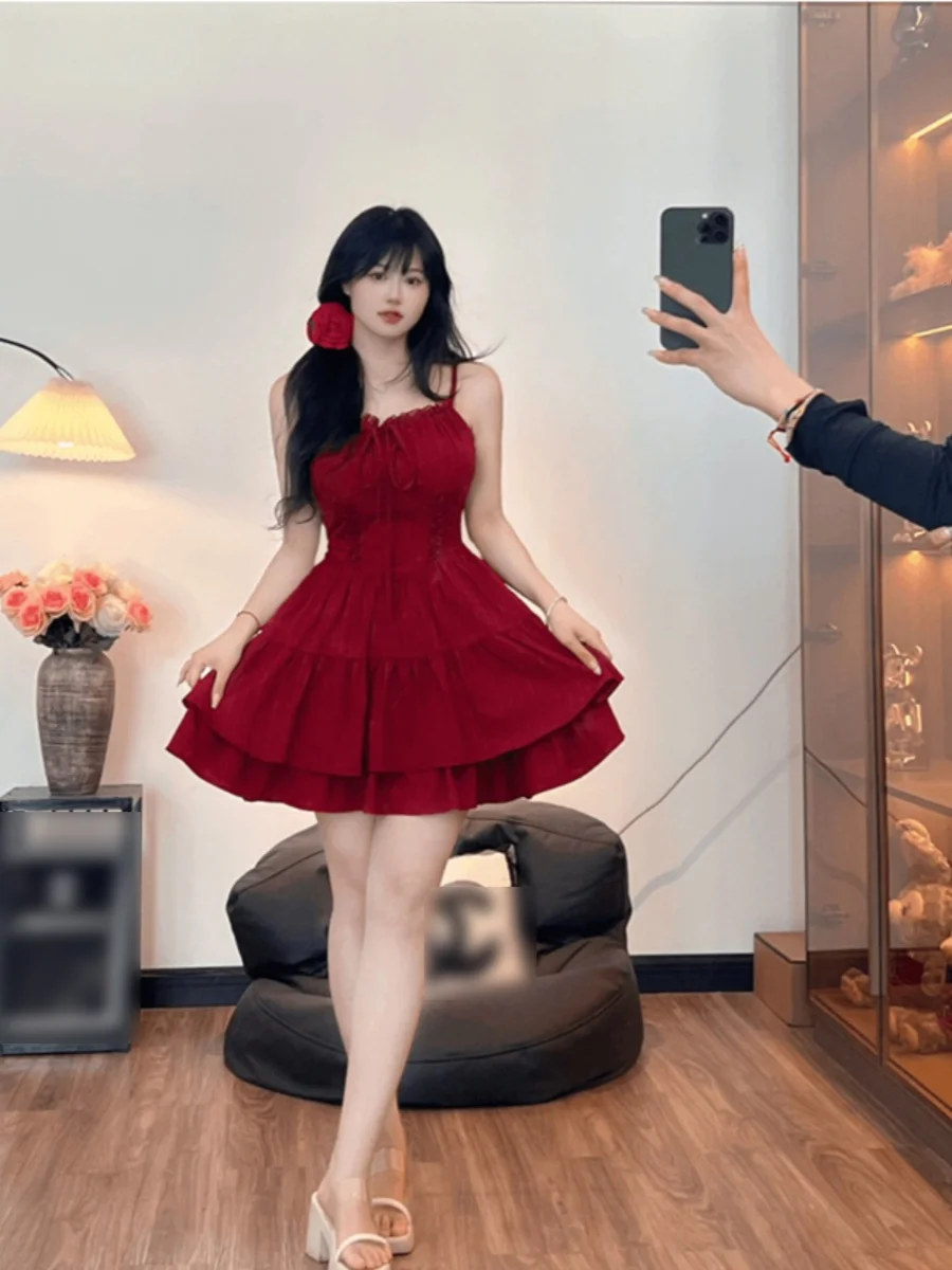 

plus Size Women's Summer Sweet And Spicy Style Belted Short Dress Red Sexy Girl Strapless A-Line Skirt High Waist Korean Style