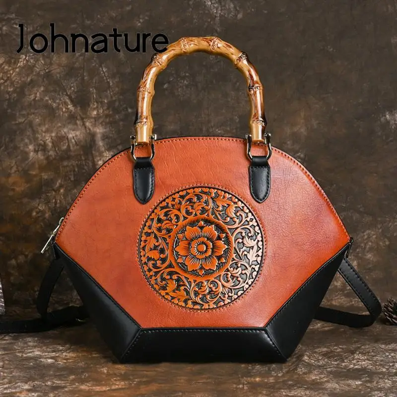 

Johnature Retro Women Bag 2024 New Genuine Leather Embossed Handbag Natural Real Cowhide Leisure Shoulder & Crossbody Bags