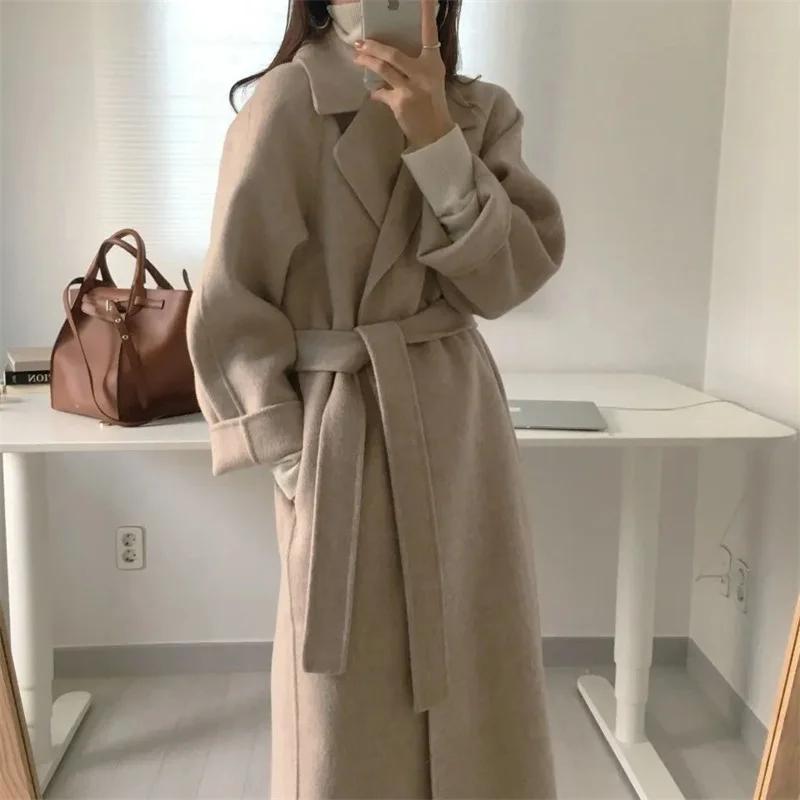 Chic Thick Warm Lapel Lace-up Pockets Loose Woolen Coat 2024 Autumn Winter New Korean Female Long Oversize Casual Women Clothes