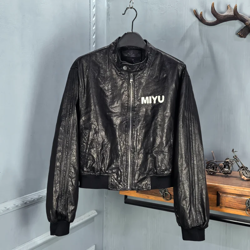 

Genuine Leather Stand Collar Oil Waxed Motorcycle Jaet ort Loose Fit Women's Baseball Coat Spring 2026 Zipper Closure