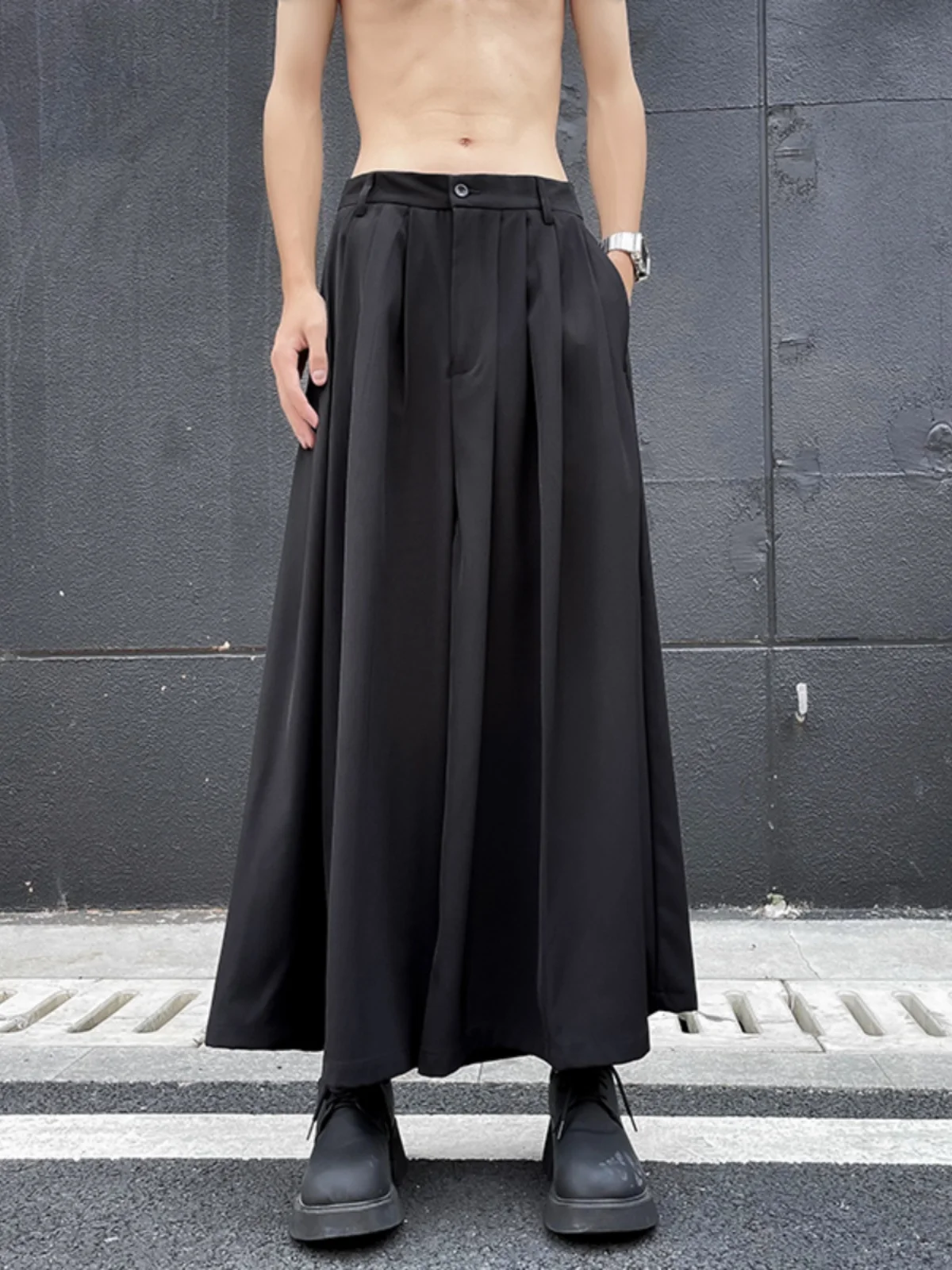 Pleated Design Pants Men's Summer Trend New Chinese Casual Pants Yamamoto Style Loose Leg Ice Silk Pants Skirt Vintage Joggers