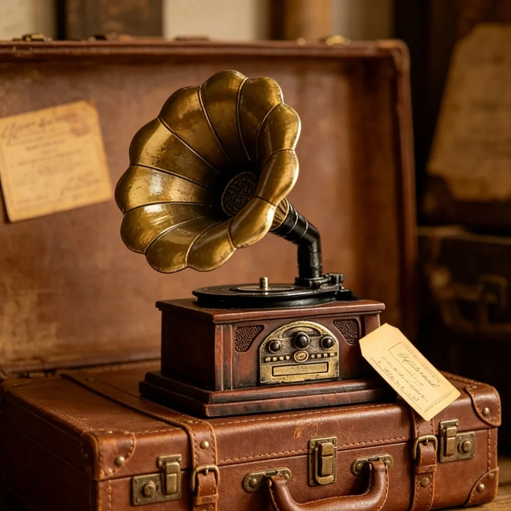 Vintage Gramophone Decorative Shelf Ornament Retro Phonograph Statue Antique Record Figurine for Home Living Room Bedroom