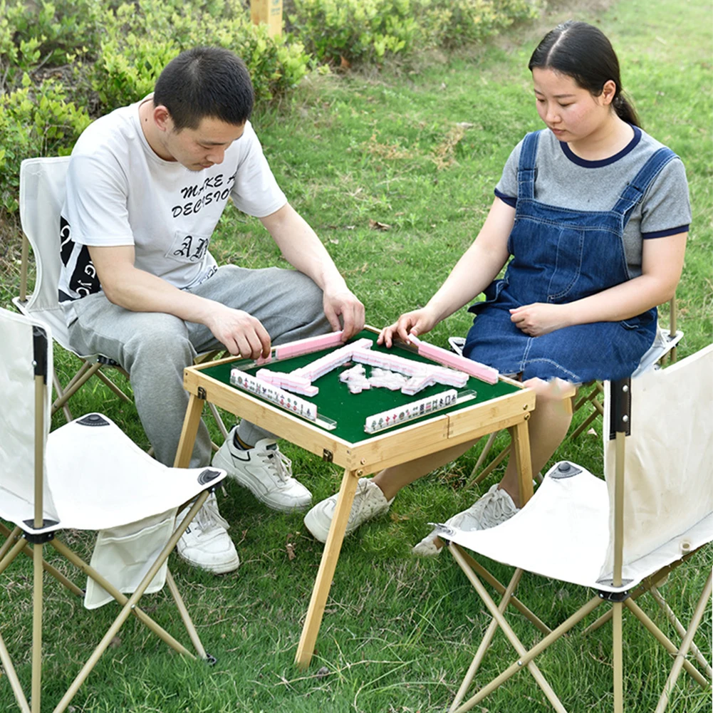 Mahjong Tiles Set with Folding Table for Outdoor Camping Travel, Portable Chinese Mahjong Game Kits,Small Majiang Tiles, Green