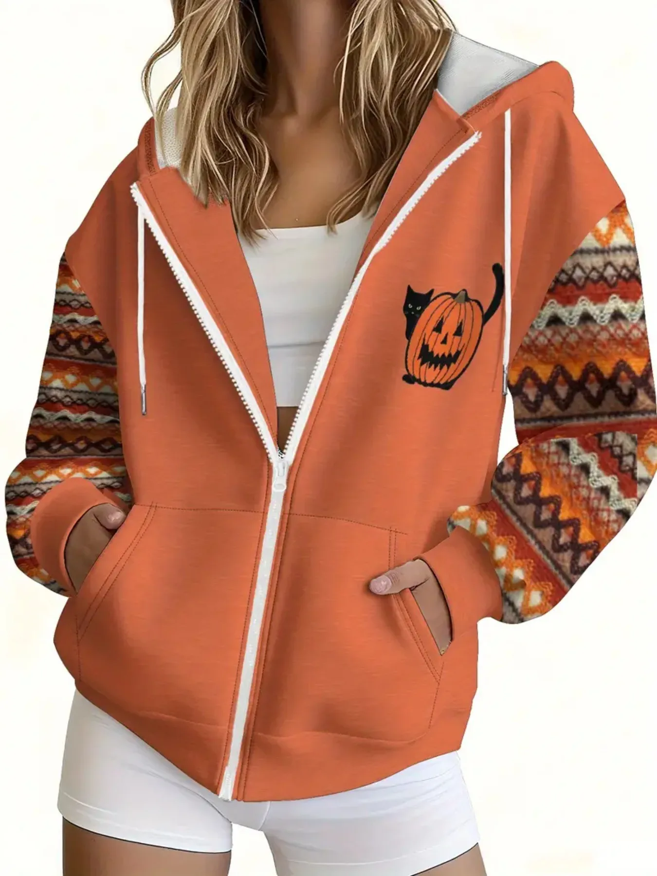 2026 autumn and winter new style women's zipper hooded sweater with 3D funny expression pattern printing street casual fashion