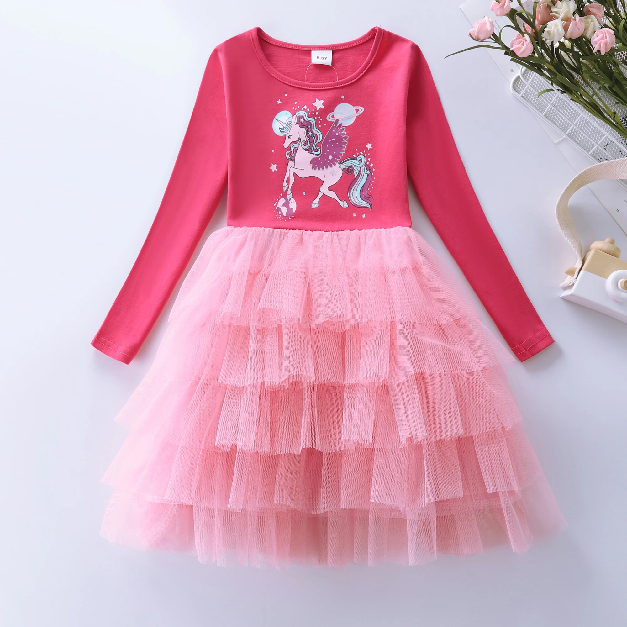 Girl's long sleeved cotton cartoon printed unicorn princess dress, party dress, birthday party dress