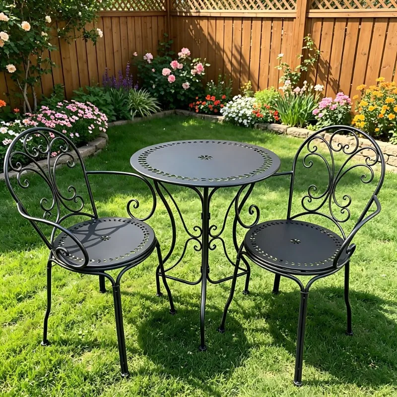 European Wrought Iron Table Chair 3-Piece Set, Outdoor Balcony Garden Leisure Furniture