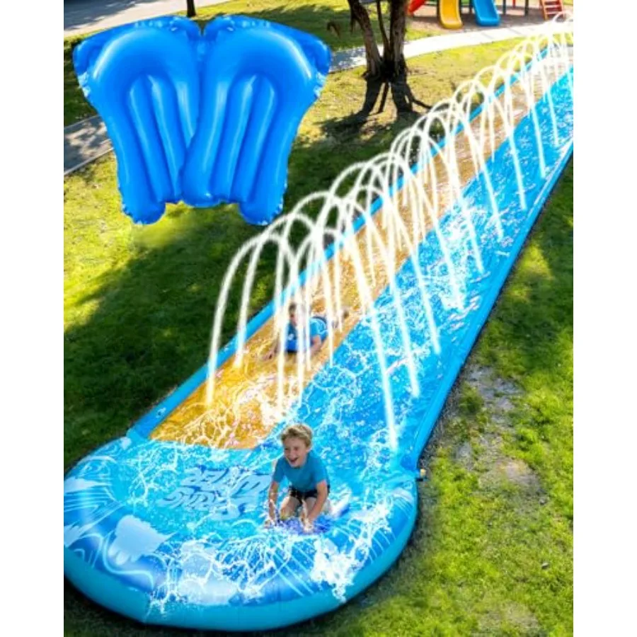 

Backyard water slide for kids and adults, heavy-duty PVC, blue and yellow, 32ft extra-long inflatable slip and water slide with
