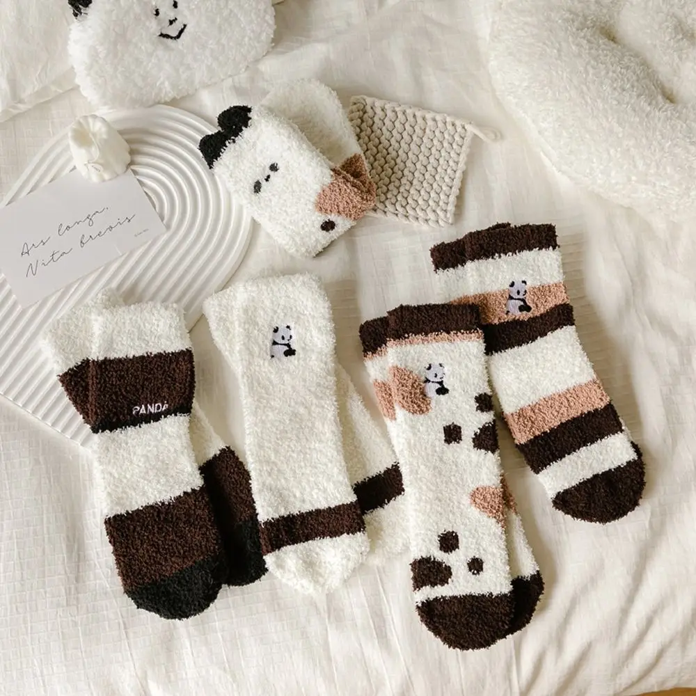 Harajuku Style Mid Tube Socks Panda Embroidery Coral Fleece Autumn Winter Socks Floor Socks Women Socks Home Sleeping Socks