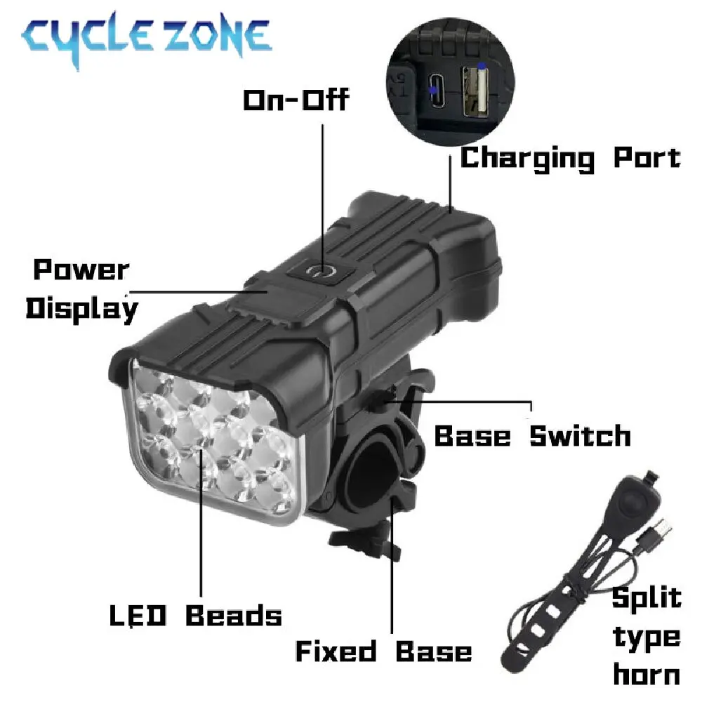 Luz dianteira de bicicleta recarregável com chifre, 12 LED Head Lights, MTB Ciclismo, Lâmpada de segurança para passeios noturnos