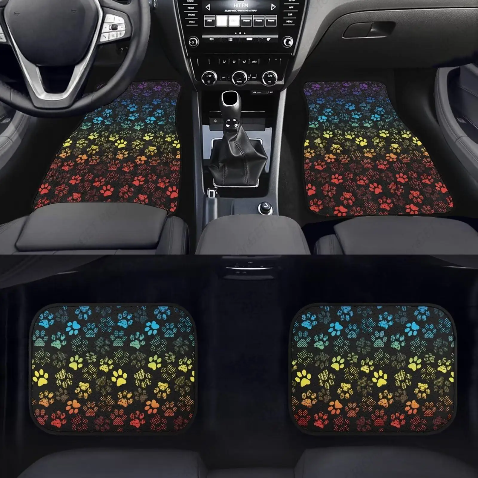 Colorful Rainbow Paws Front and Rear Carpet Floor Mats Backing Rubber Foot Pads for Most Cars SUVs Vans or Trucks Set of 4