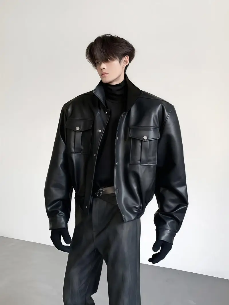 Large Pocket Shoulder Padded Niche Leather Jackets Men's 2025 Spring Autumn Faux Leather Coats High-end Trendy Motorcycle Jacket