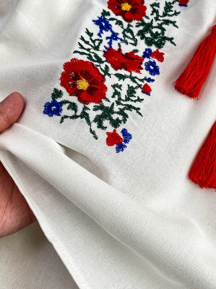 المرأة الخريف البوهيمي بلوزة العرقية المطرزة س الرقبة قميص عادية ربطة القوس فيونكة فضفاضة الكتان القطن الإناث البلوفرات فتاة BL256 #6