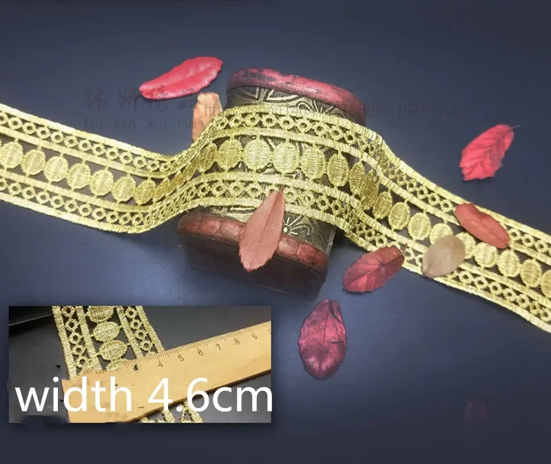 Golden Embroidered Flower Lace Ribbons, Fabric Trim, DIY Sewing, Handmade Craft Materials, 1 Yards