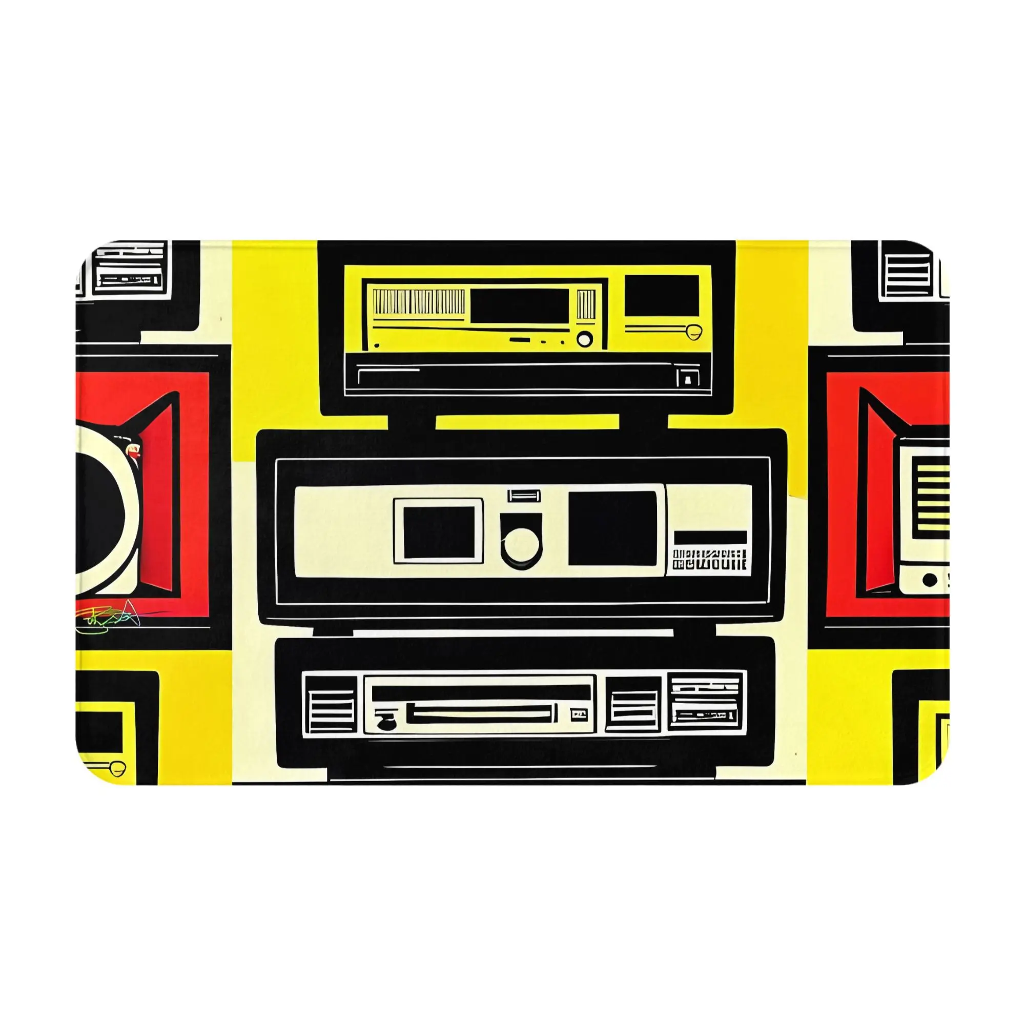 Cream & Yellow Retro Audio Equipment Pattern Floor Mat – Polyester Non-Slip Rug for Bedroom, Entryway, Kitchen