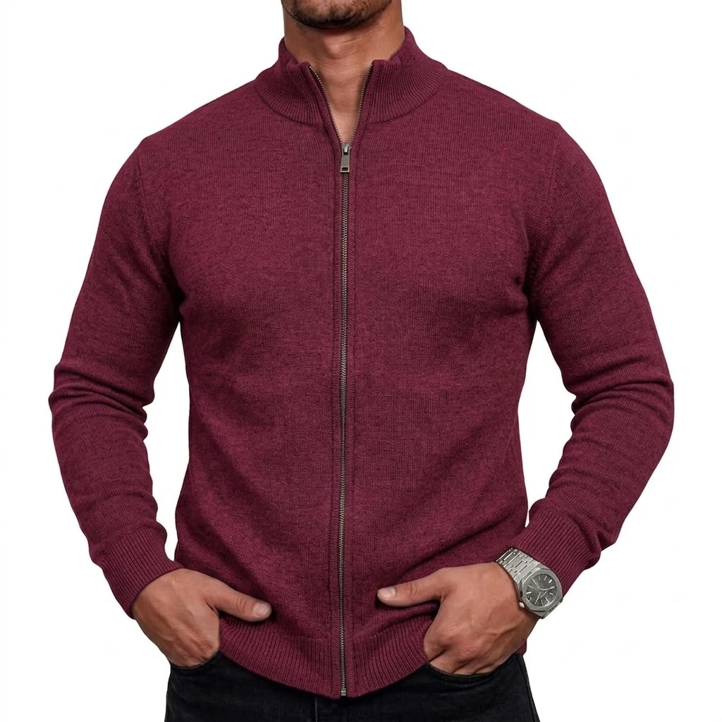 Herren-Strickjacke mit hohem Kragen und Reißverschluss, langärmelig, lässige Strickjacke, Mantel, Thermo-Strickware, Winter-Oberbekleidung mit Stehkragen – Detail 5