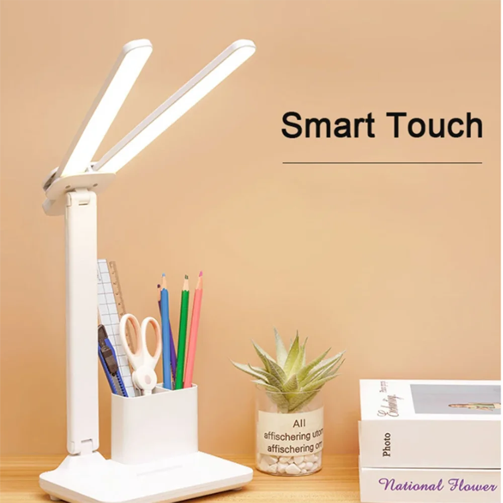 

USB Clock Desk Lamp LED Rechargeable Touch Dimming 2 Heads 180 Rotation Foldable Eye Protection Desktop Reading Learning Light