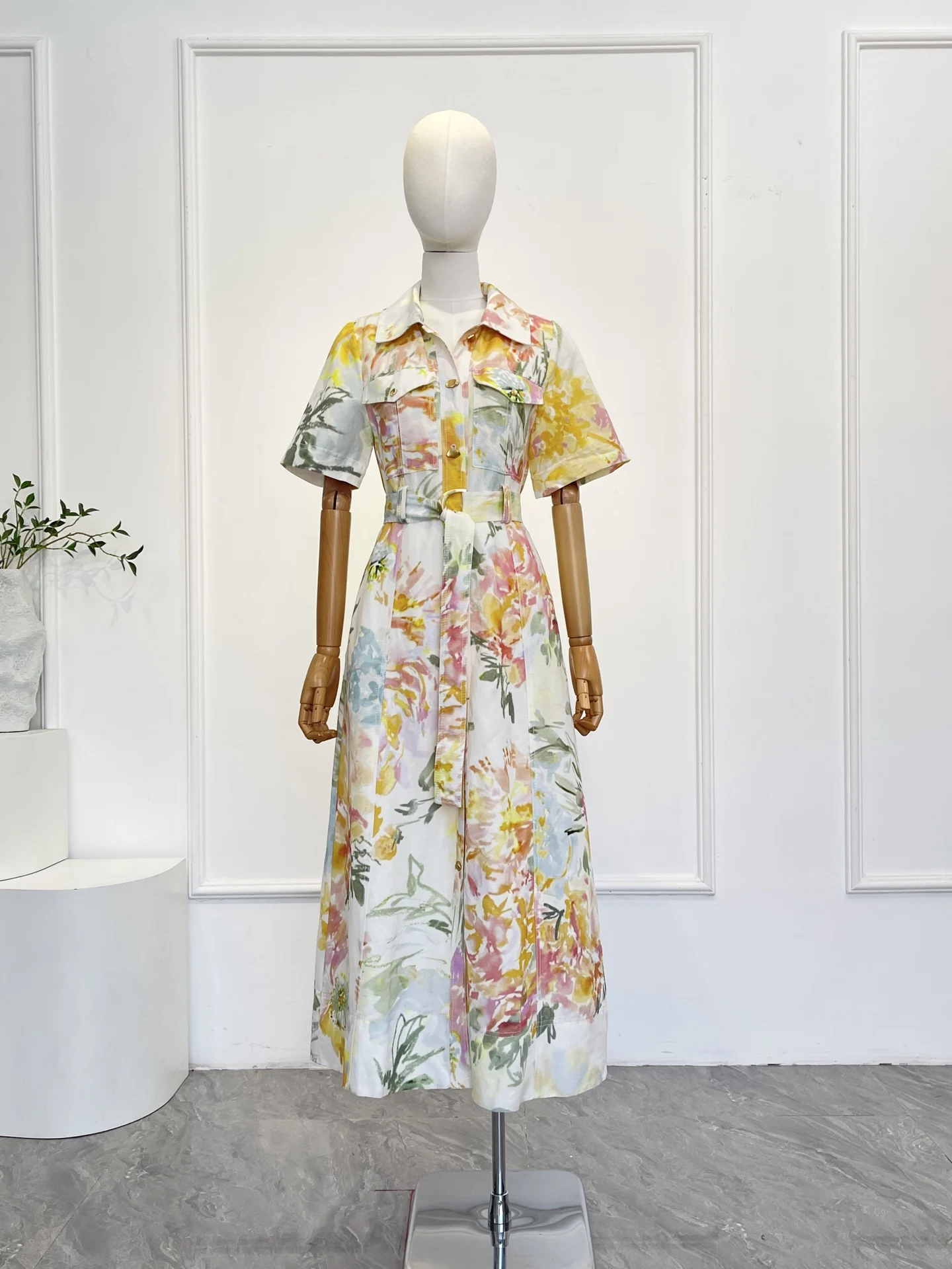 

2026 Linen Silk High Quality Floral Print Short Sleeve Belted Elegant Women Midi Dress
