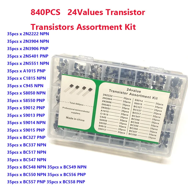 840PCS TO-92 24Value Transistor Kit Assortment Box BC547 BC327 BC337 2N2222 3904 3906 C945 Transistors Set Electronics Kit