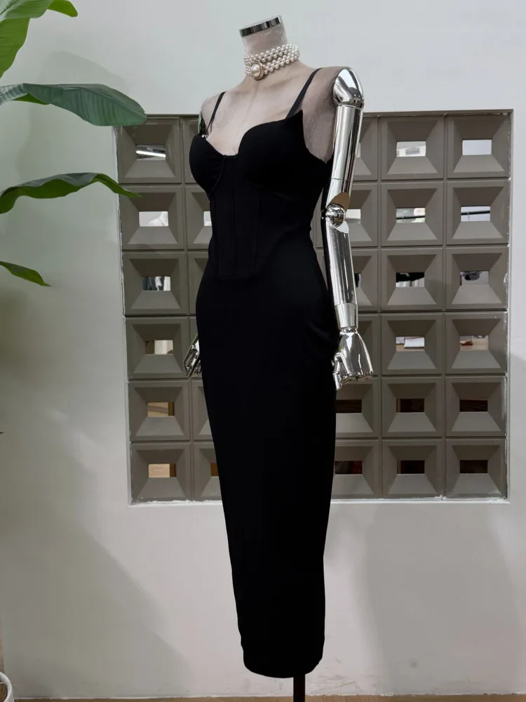 Dfdg feminino primavera verão preto cami espartilho vestido bodycon midi elegante festa formal wear 2025 na moda vestido de moda feminina