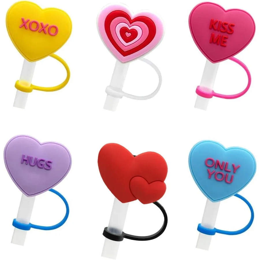 

6 шт. силиконовые соломинки в форме сердца на День Святого Валентина, милые соломенные топперы, многоразовые соломенные колпачки для питья, набор красочных советов, украшение для любви