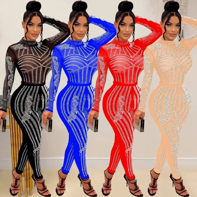 

Mesh Hot Diamond Jumpsuit for Women 2023 Autumn Soild Color Long Sleeve Crew Neck Overall Sexy Slim Party Clubwear Rompers