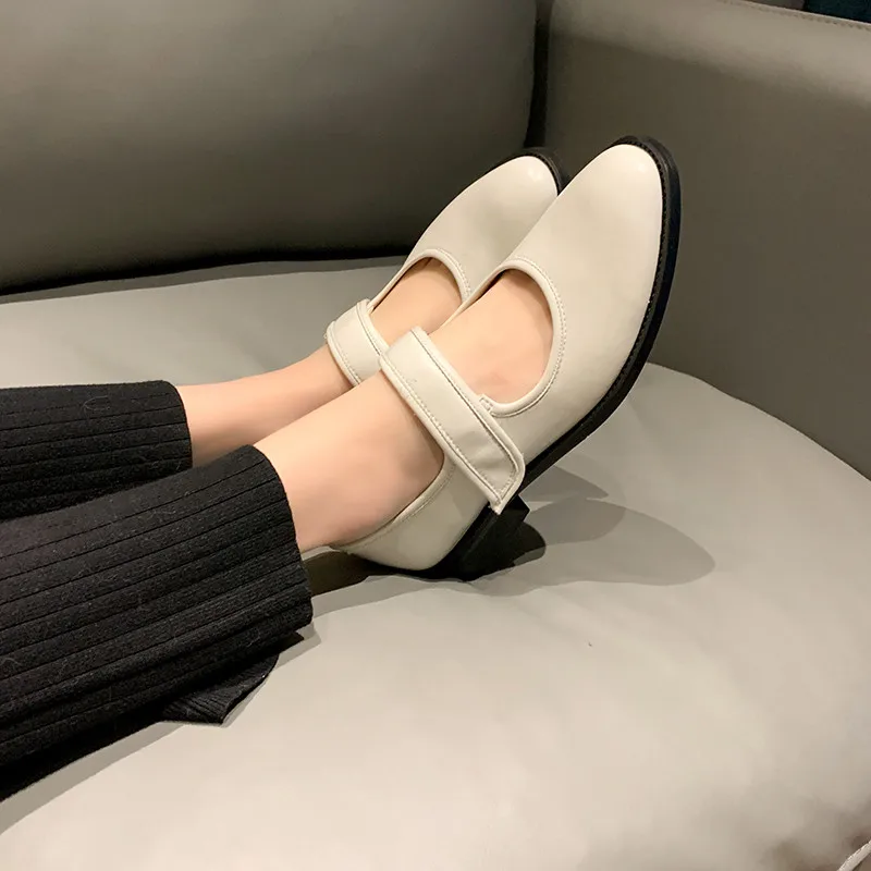 MKKHOU Fashion Pumps New High Quality Genuine Leather Round Head Mid Heel Simple Mary Jane Shoes Daily Commuter Women\'s Shoes