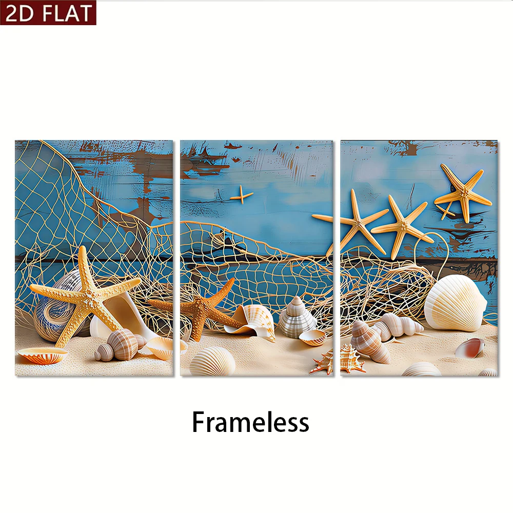 3PCS Frameless,1 set of seaside beach triple minimalist style starfish shell theme living room bedroom frameless decorative pain
